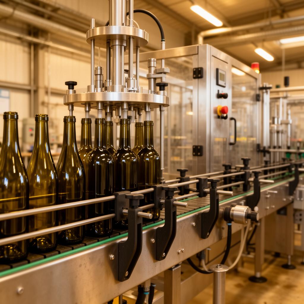 Linha de engarrafamento usada em funcionamento — enchedora de garrafas de vidro